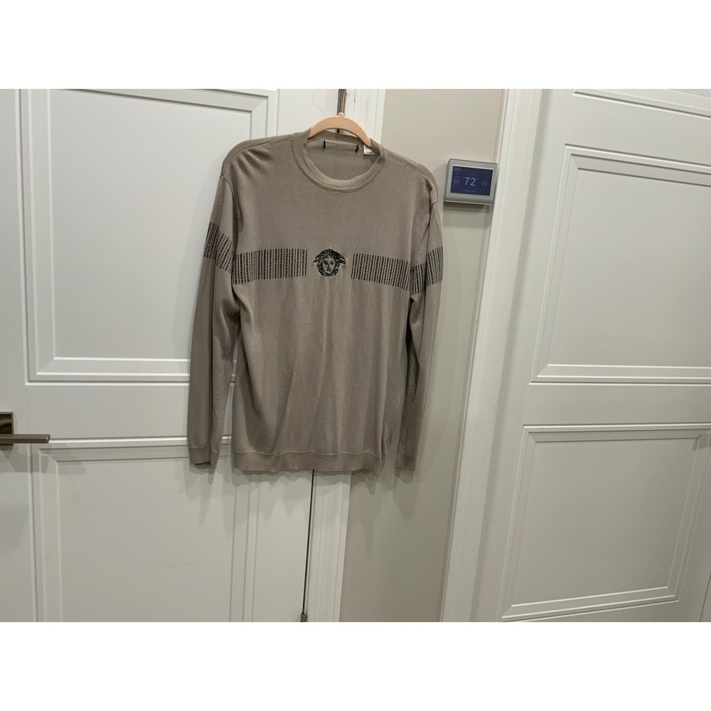 Versace Mens Medusa‎ Head Logo Knit Sweater Taupe Beige Crewneck Long Sleeve
